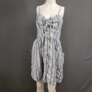 Roxy Striped Mini Dress M Tie Front Pockets Wood Buttons Coastal Chic